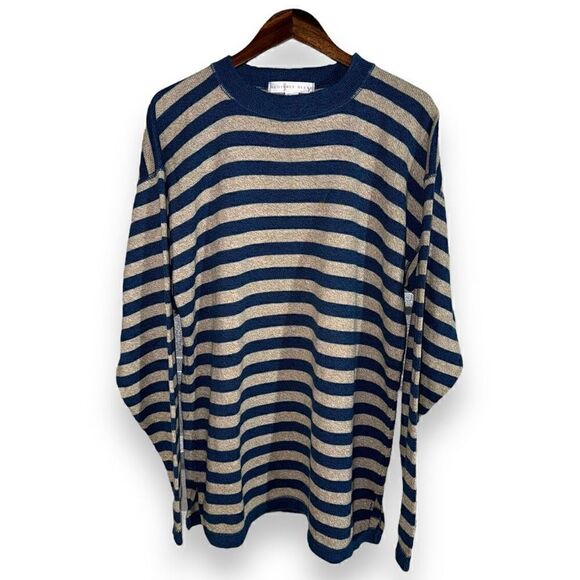 80s Geoffrey Beene Blue & Tan Made in USA Crewneck Sweater L - Picture 1 of 5